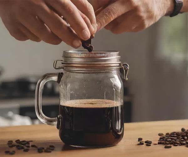 Making coffee with a jar of jam